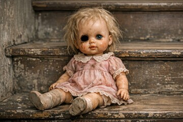 Fototapeta premium A doll sits alone on a set of steps, inviting use in nostalgic or retro-themed designs