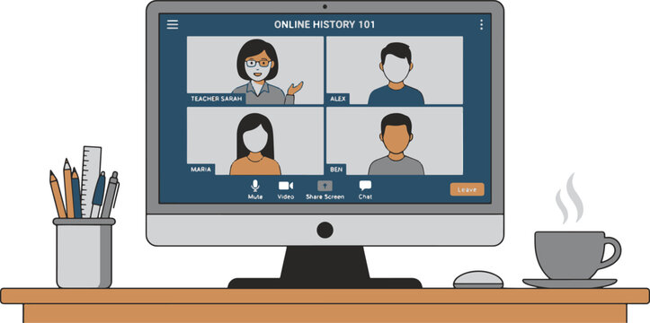 Online history class with teacher and students on video call.