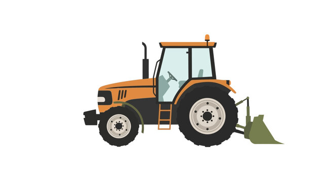 Modern orange farm tractor with front loader attachment, side view illustration on white background