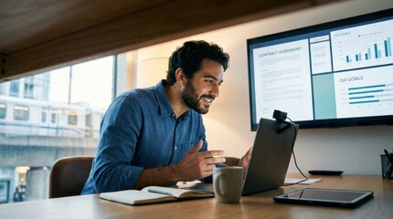 Obraz premium Man in casual shirt hosting a video conference at a desk with dual screens showing contract and goals for virtual meeting background