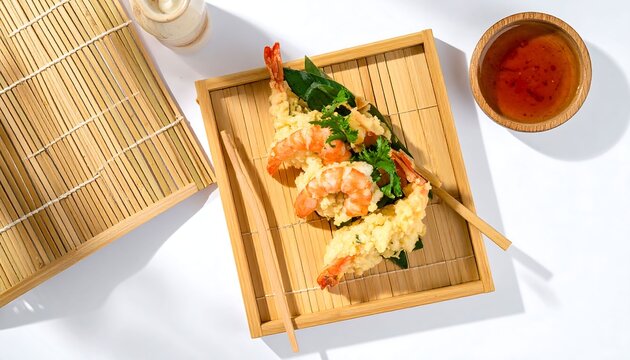Crispy Fried Tempura Shrimp Appetizer Served on a Bamboo Tray