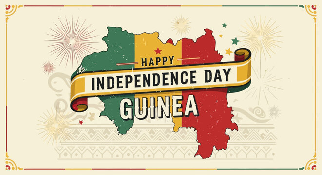 Guinea Independence Day greeting card with map and national flag colors.