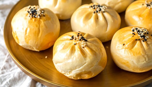 Freshly Baked Steamed Buns on a Golden Plate