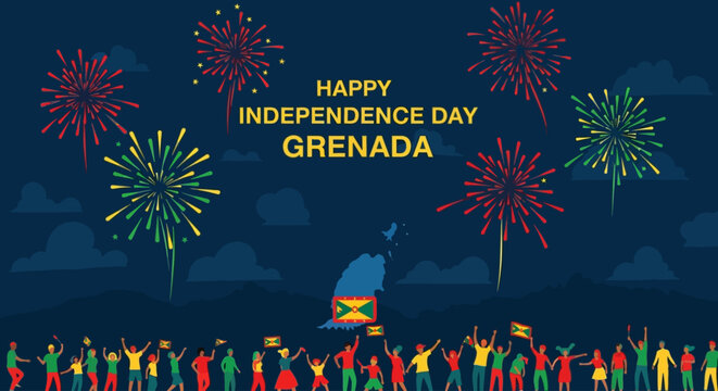 Happy Independence Day Grenada with Fireworks and Cheering Crowd