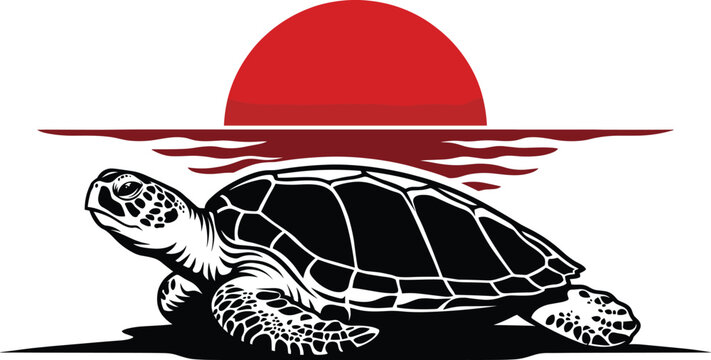 Black sea turtle silhouette against red sunset over water
