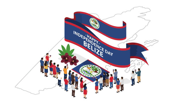 Isometric illustration of people celebrating Belize Independence Day with flag and map.