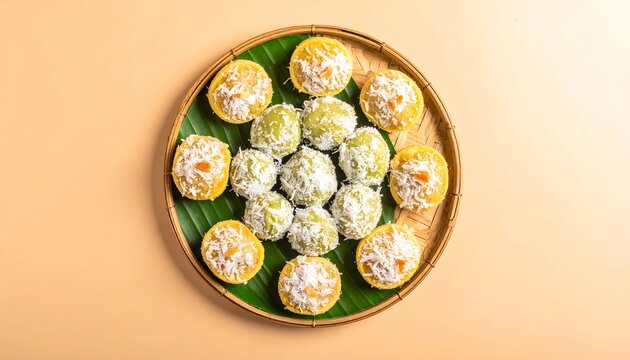 Traditional Sweet Rice Dumplings with Grated Coconut on Banana Leaf