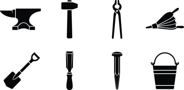 Blacksmith workshop and traditional metal forging tools solid black silhouette vector icons set isolated on white background