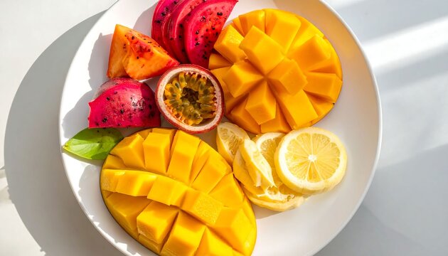 Fresh Tropical Fruit Platter with Mango and Pitaya on a White Plate