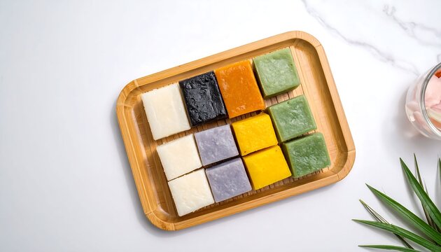 Colorful Traditional Steamed Layer Cakes on Wooden Tray