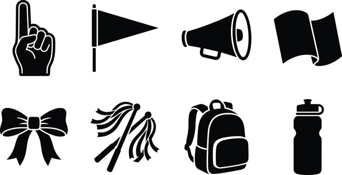 Cheerleading and school spirit gear collection solid black silhouette vector icons isolated on white background