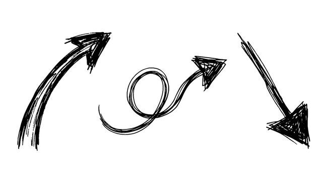 Hand Drawn Spiral Arrow Vector Icon Set, Sketch Swirl Direction Navigation Symbols