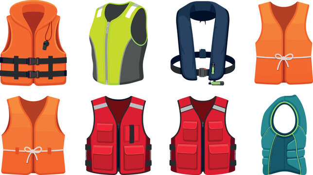 Life Jacket Icon Set with Inflatable PFD, Neon Safety Vest, and Utility Work Waistcoat for Marine Rescue and Construction Security Designs