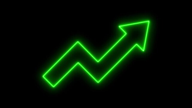 Glowing green arrow increasing trend neon sign on black background growth symbol upward arrow