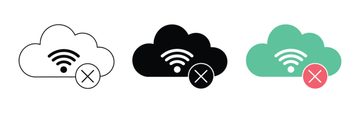 Cloud network error icons, vector illustration set of disconnected cloud, no internet connection, offline status, and server error symbols for digital interfaces, web applications, and technology dash