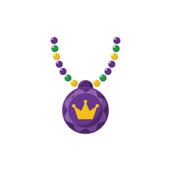 Mardi gras purple and gold beaded necklace with a crown pendant isolated on white background, for festive carnival celebration © BlackVault Designs