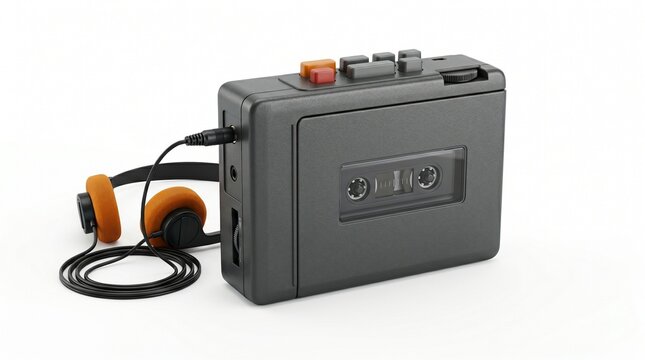 Retro portable cassette player with orange cushioned headphones and audio tape on white background