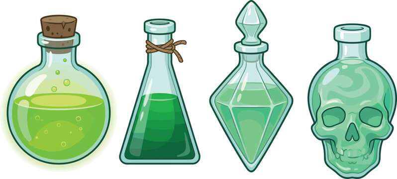 Magic Potion and Poison Glass Bottle Icon Set with Green Liquid, Crystal Flask, and Skull Shaped Container for Gaming UI Designs