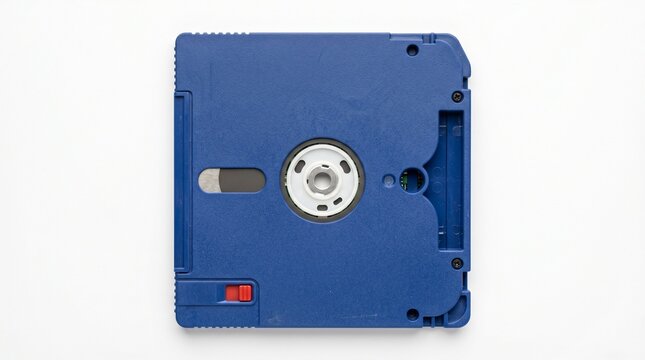 Close up of a blue MiniDisc with white hub and metal shutter on a white background