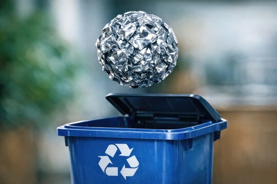 A discarded tin foil ball sits atop a trash can, with a simple and straightforward focus on the everyday scene