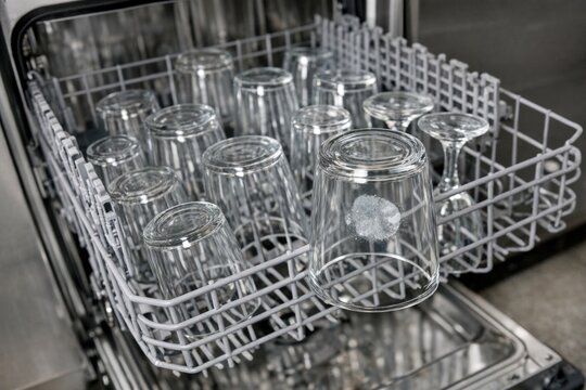 A dishwasher filled with empty glasses in a modern kitchen