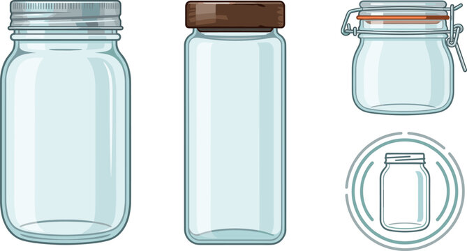 Glass Jar Icon Set with Mason Jar, Tall Container, Flip Top Lid, and Line Art Logo for Kitchen Storage Designs
