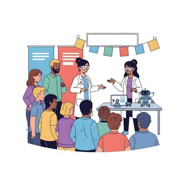 Scientists presenting robotics and STEM technology to children at a science exhibition