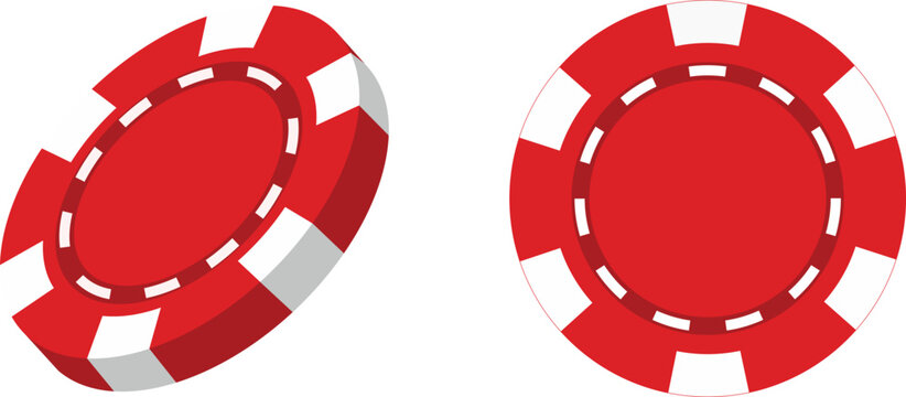 Red casino chips. Vector illustration isolated on white background. Gambling plastic coins. Jackpot chip tokens for roulette. Vegas pokerchips flip set. Chips for gambling casino games illustration