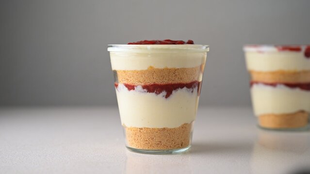 Homemade layered cottage cheese (farmers cheese) dessert cup with vanilla cookie crumbs and strawberry confit. Creamy no-bake cheesecake style dessert in a glass cup, front view with soft background.