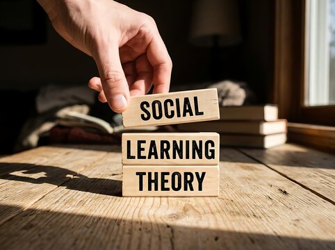A person's hand stacking wooden blocks spelling Social Learning Theory on a desk with warm sunlight