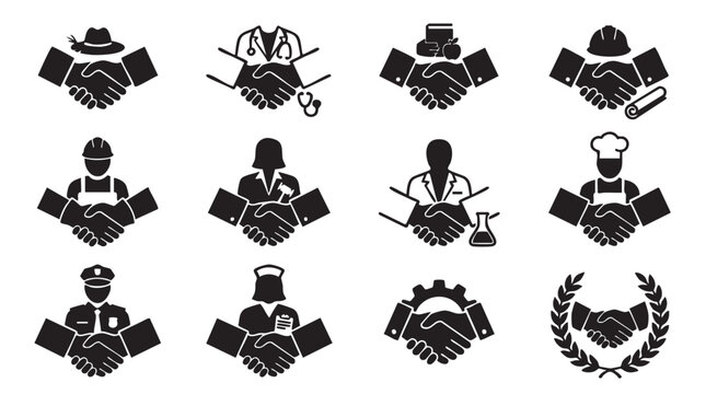 Black icons of handshake and people in different professions, 12 pcs, vector graphics
