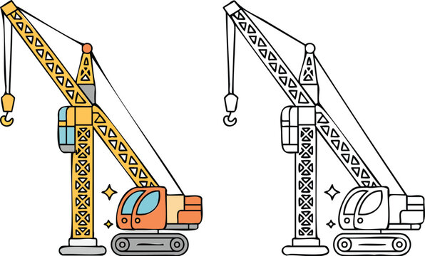 Colorful cranes lifting objects in cartoon style