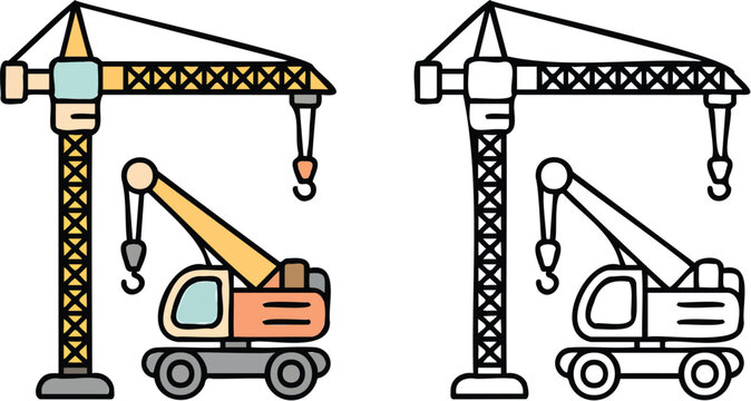 Construction crane lifting heavy load with excavator below