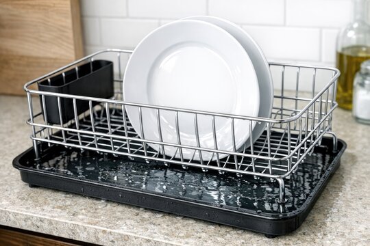 A dish rack with a plate in it on a kitchen counter