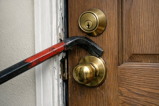 A hammer stuck in a door handle, often used for DIY or repair scenes