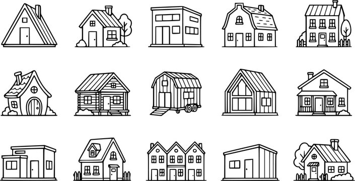 Cute tiny houses. Cartoon small town houses, minimalism city buildings, minimal suburban residential house vector illustration icons set. House small, structure town residential exterior