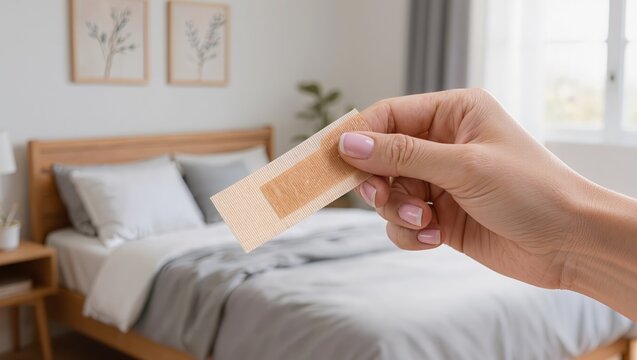 Hand holding a fabric adhesive bandage against the background of a cozy bedroom. This image represents home first aid, wound care, medical preparation, and safety in a domestic environment