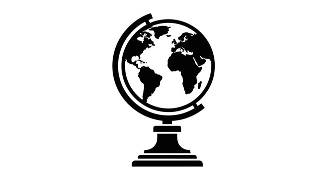 Black silhouette of a terrestrial globe on a stand with visible grid lines, representing Earth's geography, isolated white background.