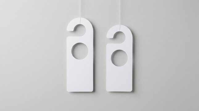 Two blank white door hangers on a gray background
