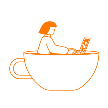 Vector illustration in minimal linear style of a woman working on laptop in a coffee shop.
