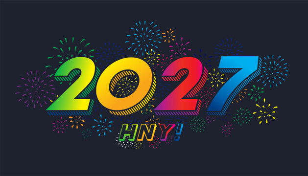 Happy New Year 2027 background design with colorful fireworks and typography. 
