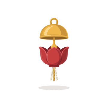 Decorative japanese suzu bell with red lotus flower petal ornament and braided rope tassel for festive cultural ceremonies in flat style
