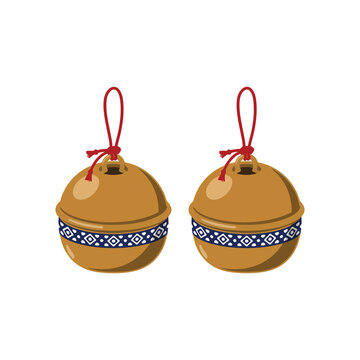 Pair of traditional japanese suzu bells with geometric patterns and red cords for festive decoration and cultural ceremonies in flat style