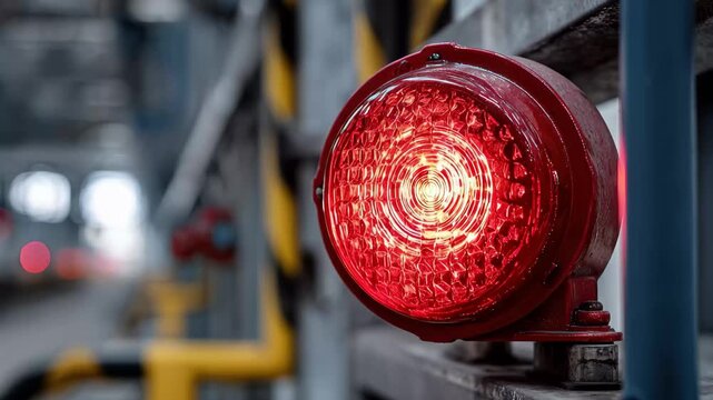 Industrial safety alert with red emergency signal light, Red traffic lights mounted on a metal pole