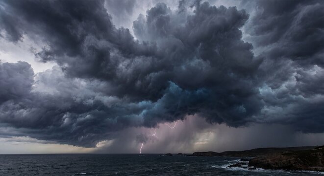 Dark storm clouds gather over the ocean, with flashes of lightning illuminating the sky. The scene captures the intensity of a brewing storm.
