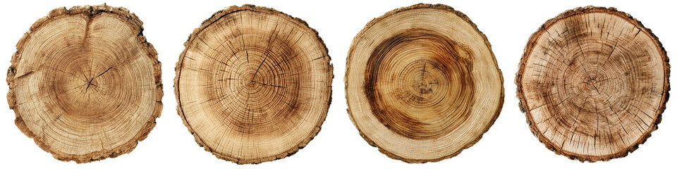 Fototapeta premium Four wooden tree trunk cross sections isolated on transparent background