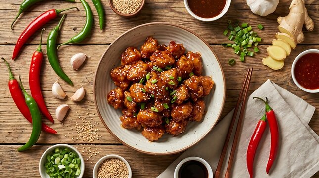 Stir fried beef with chili peppers and sesame seeds on a rustic wooden table. general tso