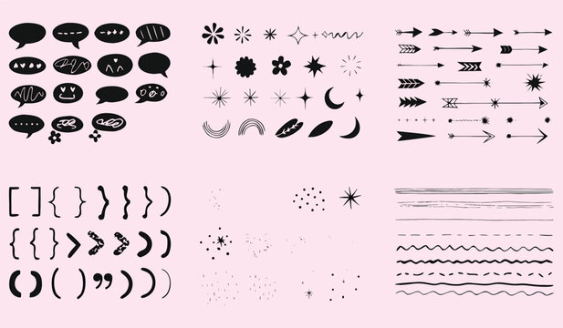 Collection of hand drawn design elements including speech bubbles stars arrows and text dividers in black ink style for graphic design and digital layouts