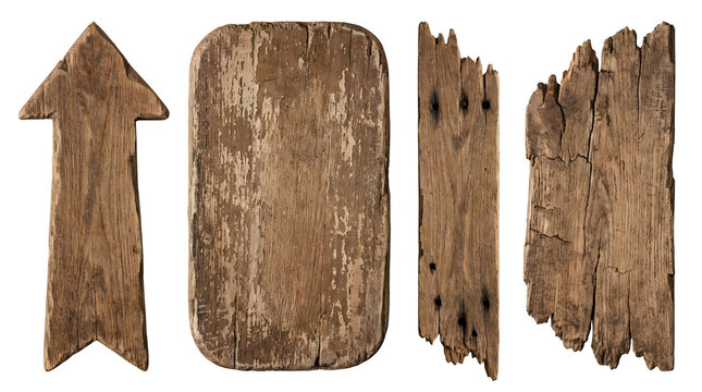 Set of four different rustic wooden signs isolated on transparent background