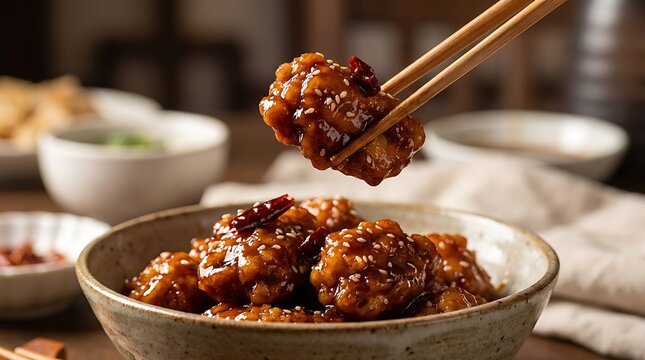 Delicious sweet and sour chicken meatballs in a bowl with chopsticks. general tso